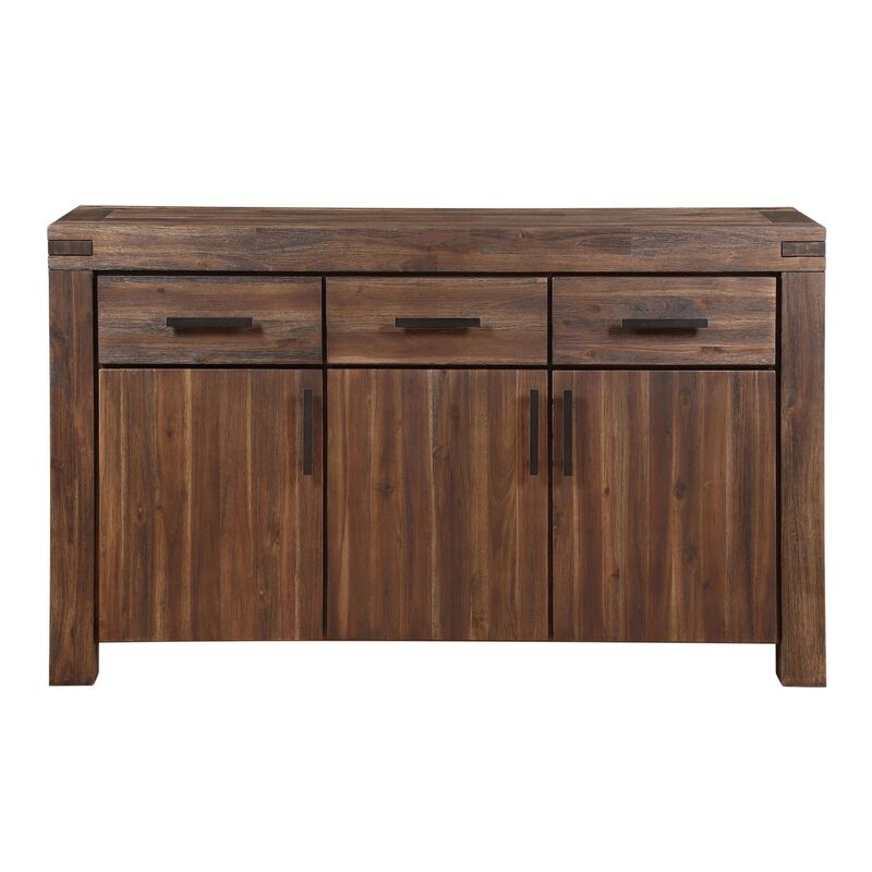 Three Drawers Solid Acacia Wood Sideboard with Three Door Cabinets, Brick Brown