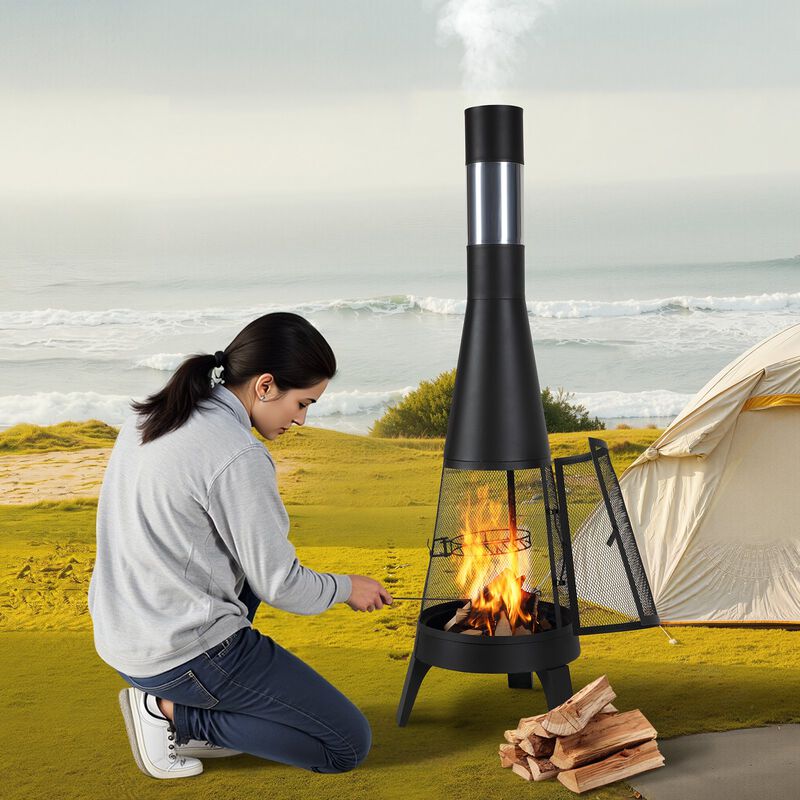 Outdoor Chiminea Firepit with Grill Mesh and Chimney for Wood Burning image number 7
