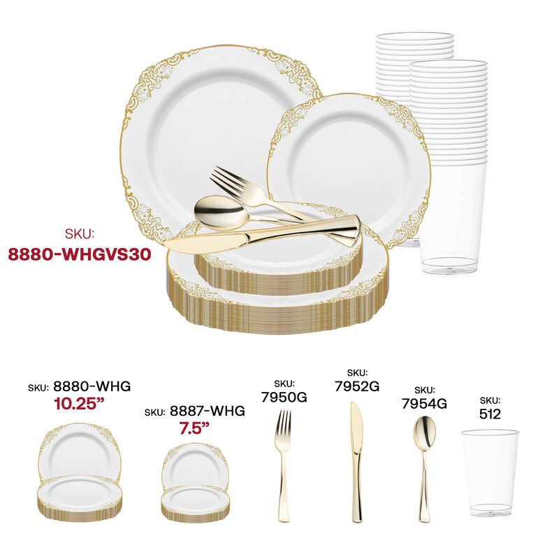 White with Gold Fancy Round Plastic Wedding Value Set (60 Sets) image number 5