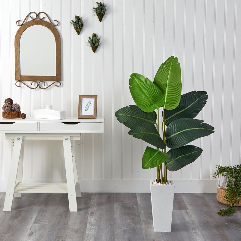 Hivvago 4.5 Feet Travelers Palm Artificial Tree in White Planter