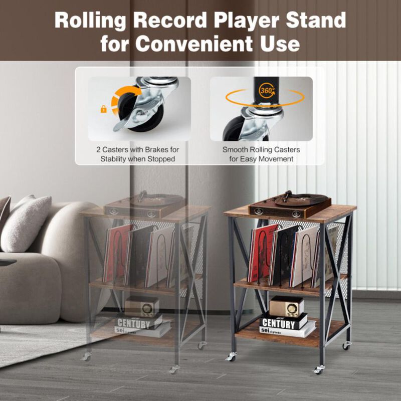 Hivvago 3 Tiers Vintage Style Rolling End Table with 3 Dividers for Albums