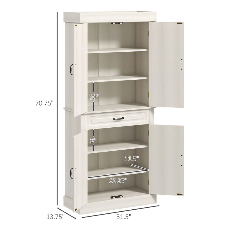 71" Freestanding Kitchen Pantry with 4 Doors and 2 Large Cabinets, Tall Storage Cabinet with Drawer, Distressed White