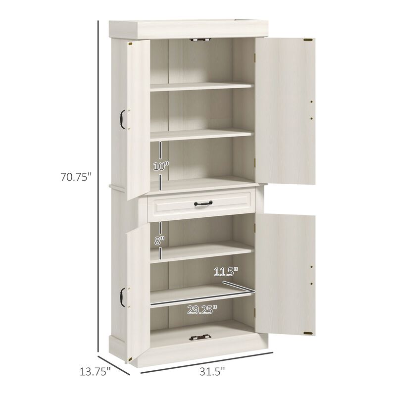 71" Distressed White Pantry: 4 Doors, 2 Cabinets, Drawer