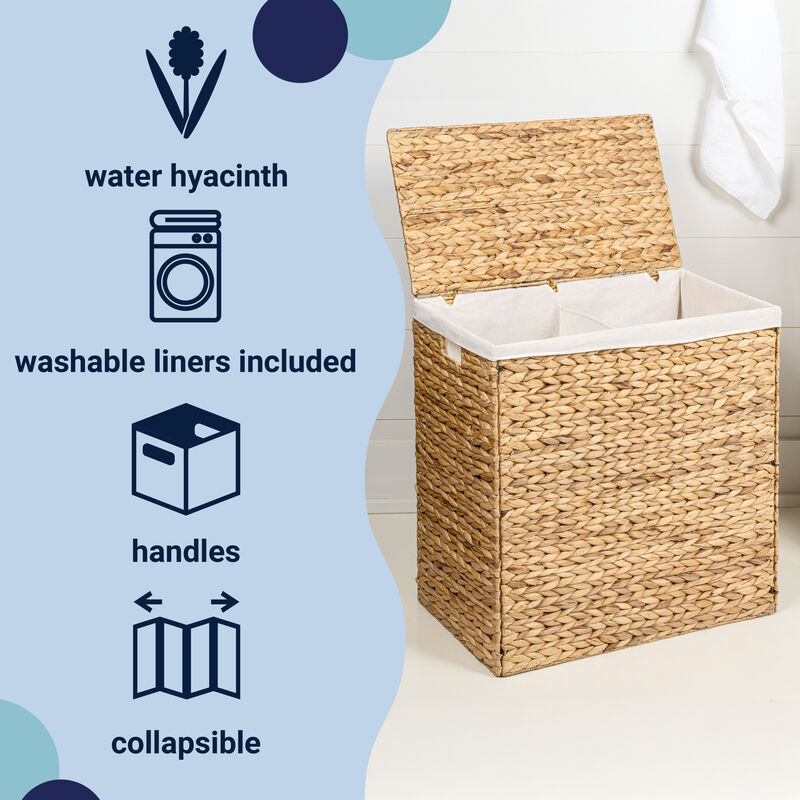 Sawyer Classic Farmhouse Handwoven Hyacinth 2-Section Collapsible Laundry Hamper with Washable Liner