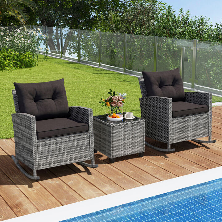 3-Piece Outdoor Rattan Rocking Bistro Set with Cushions and Glass Table