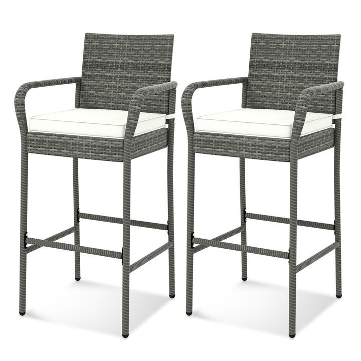 High-Back Wicker Barstools with Cushions – Set of 2 for Patio, Porch or Deck