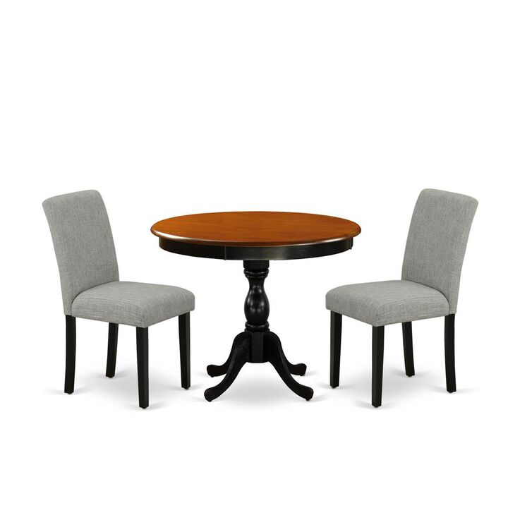East West Furniture 3-Pc Dinning Room Set Contains a Round Dining Room Table and 2 Shitake Linen Fabric Dinner Chairs with High Back - Black Finish