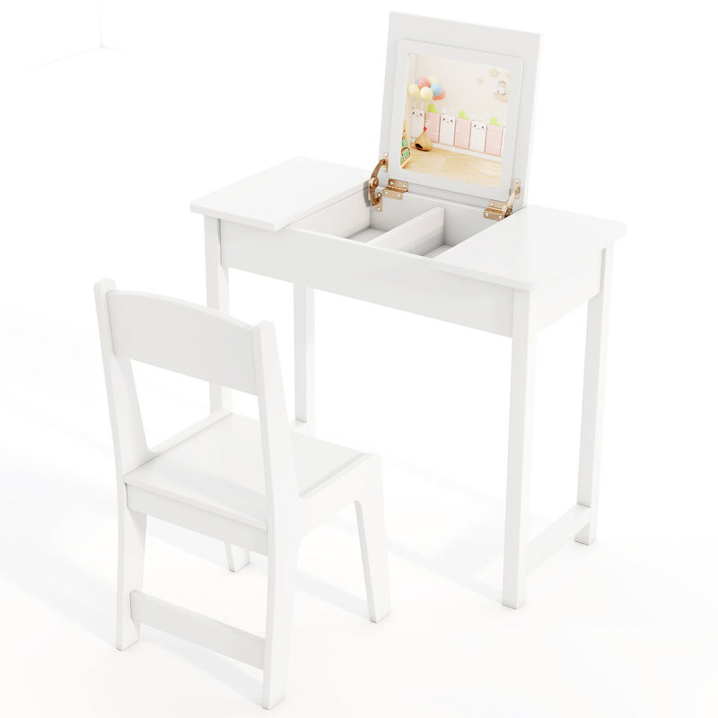 2-in-1 Kids Vanity Makeup Table and Chair Set with Flip Top Mirror