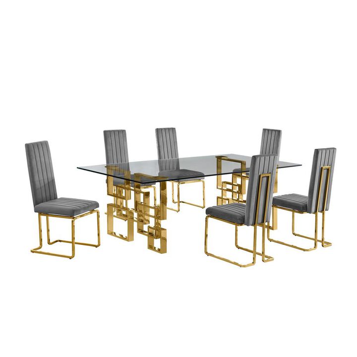 7-piece glam dining set with 6 Dark grey chairs and one 95" glass  table