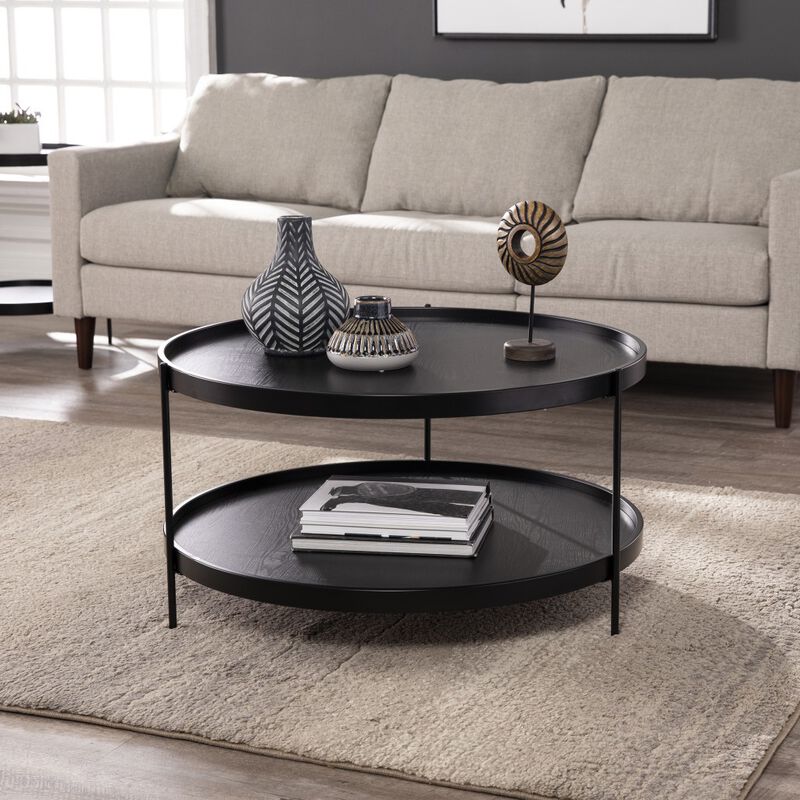 Hivvago 33 Inch  Black Manufactured Wood And Metal Round Coffee Table