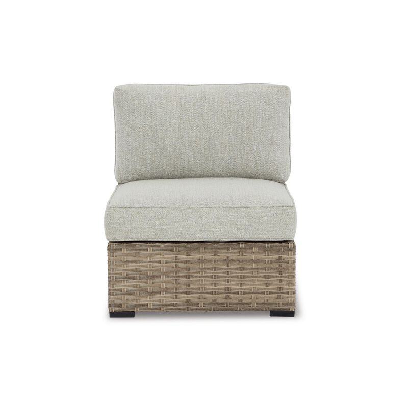 Walter 34 Inch Outdoor Armless Chair Set of 2, Wicker, Beige Fabric Cushion - Benzara