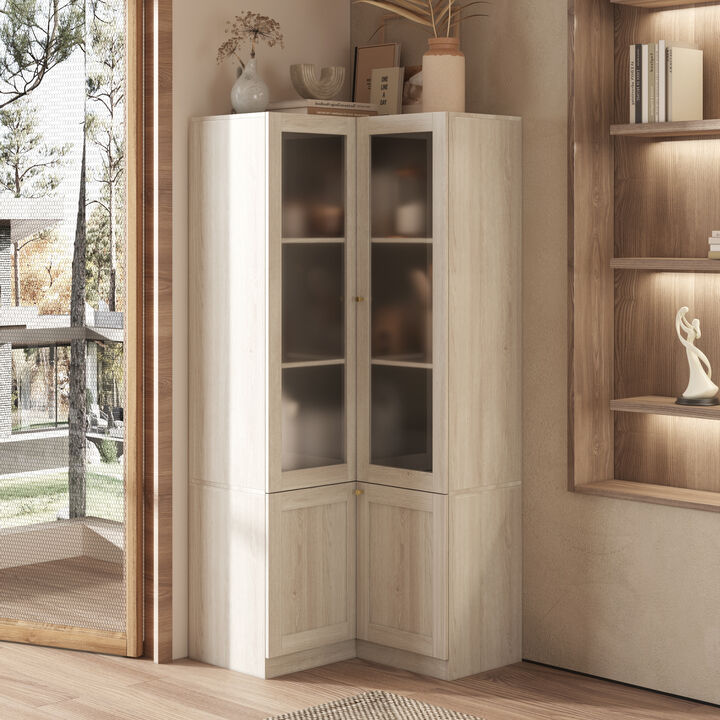 FUFU&GAGA Modern Wood Grain Food Pantry Cabinet with Adjustable Shelves and Glass Doors (31.5" W x 70.9" H x 31.5" D), Elegant Brass Pull Handles