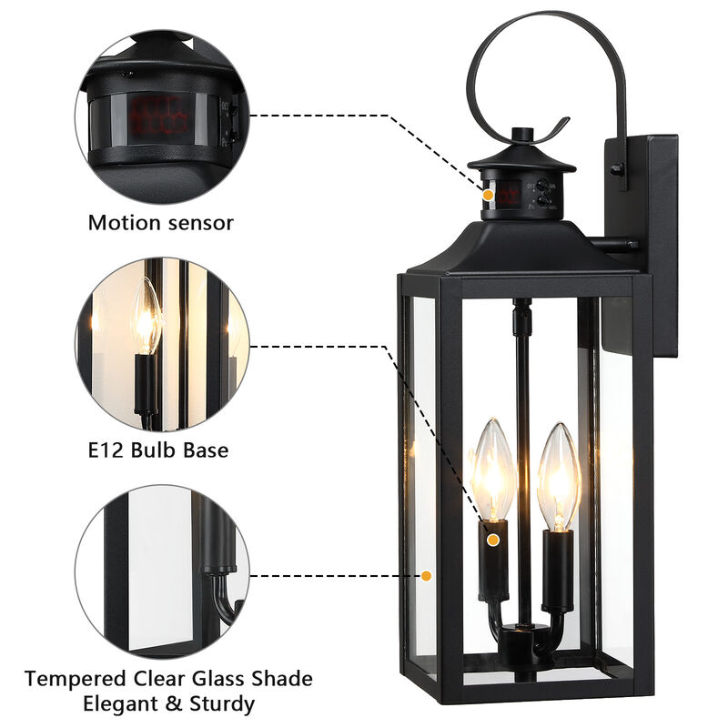 19 in. Modern Farmhouse Black 2-Light Dusk-to-Dawn Motion Sensor Outdoor Wall Lantern with Clear Glass Shade image number 4