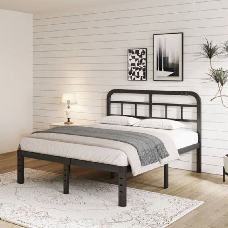 Heavy Duty Black Metal Platform Bed Frame with Headboard