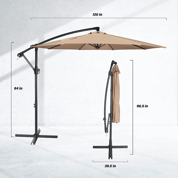 10FT Offset Umbrella Cantilever Patio Hanging Umbrella Outdoor Market Umbrella with Crank & Cross Base Suitable for Garden, Lawn, backyard and Deck, Tan