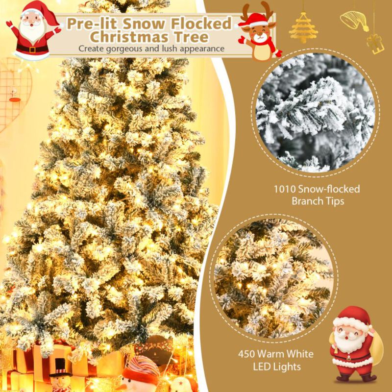 Hivvago Pre-Lit Premium Snow Flocked Hinged Artificial Christmas Tree