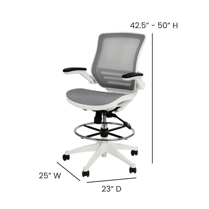 Flash Furniture Mid-Back Transparent Gray Mesh Drafting Chair with White Frame and Flip-Up Arms image number 3