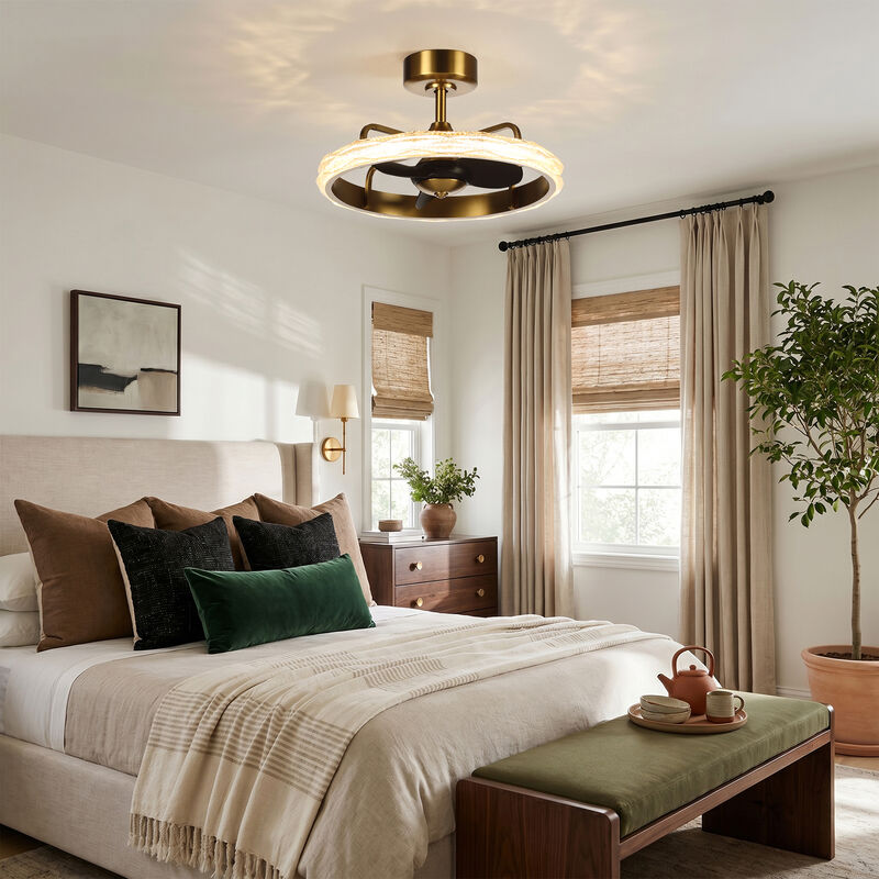 24" Modern Antique Brass Wheel Caged Acrylic Reversible Dimmable Ceiling Fan with Light and Remote for Bedroom, Living Room or Dining Room image number 4