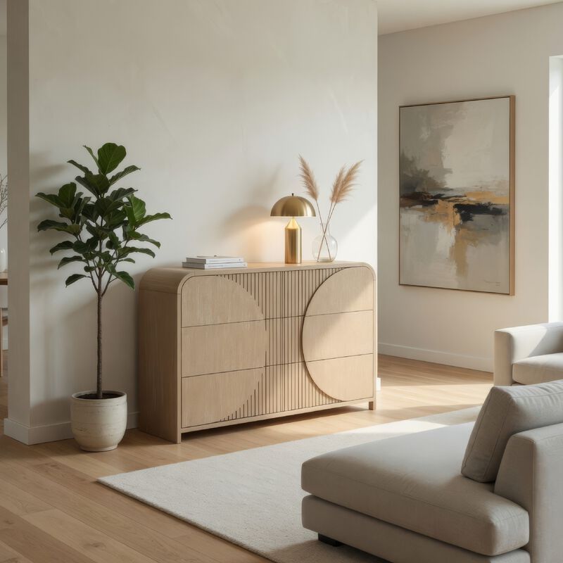 Tanya Wide Dresser, 4 Drawers, Retro Reeded Panels, Natural Brown Wood image number 6