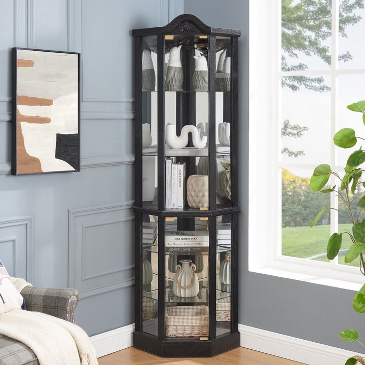 Glass Cabinet Lighted Corner Cabinet Corner Display Curio Cabinet, Glass Display With Light(Included)Bar Cabinet, Wine Cabinet with Adjustable Glass Shelves Carved Decoration