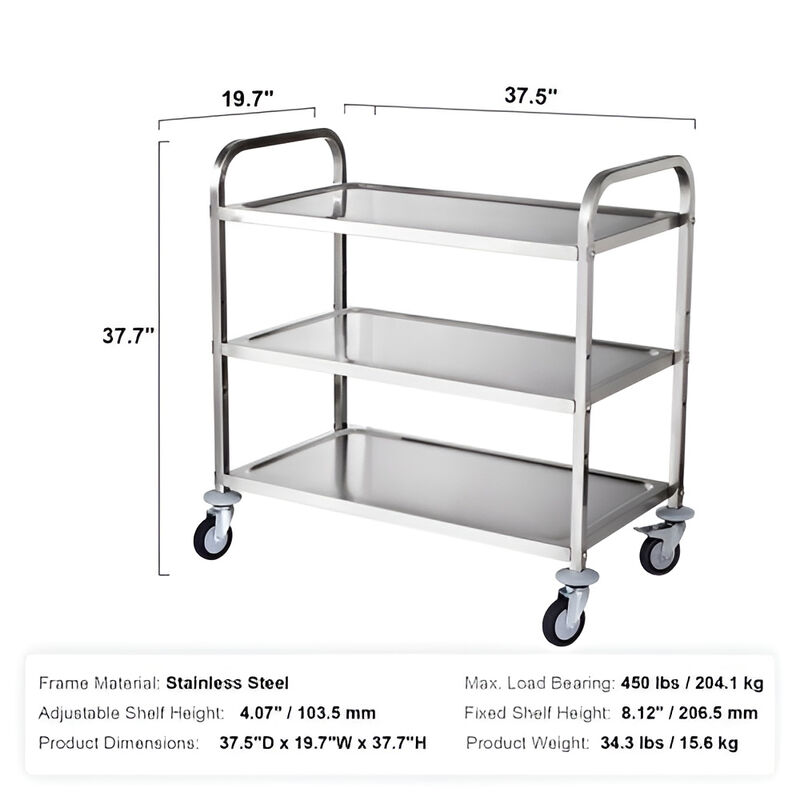 3-Tier Wire Utility Cart with Wheels, 450 lb Capacity, Curved Handle and 6 Hooks