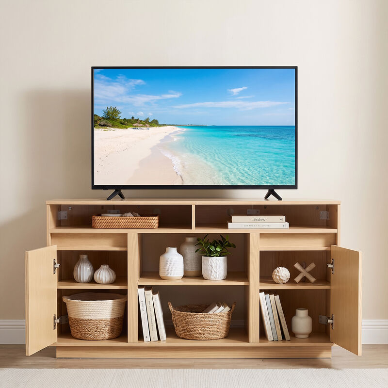 47" Modern Natural Oak Wood Fluted Door Corner TV Stand Media Console with Open Shelf and Cabinet for TVs up to 50" image number 3