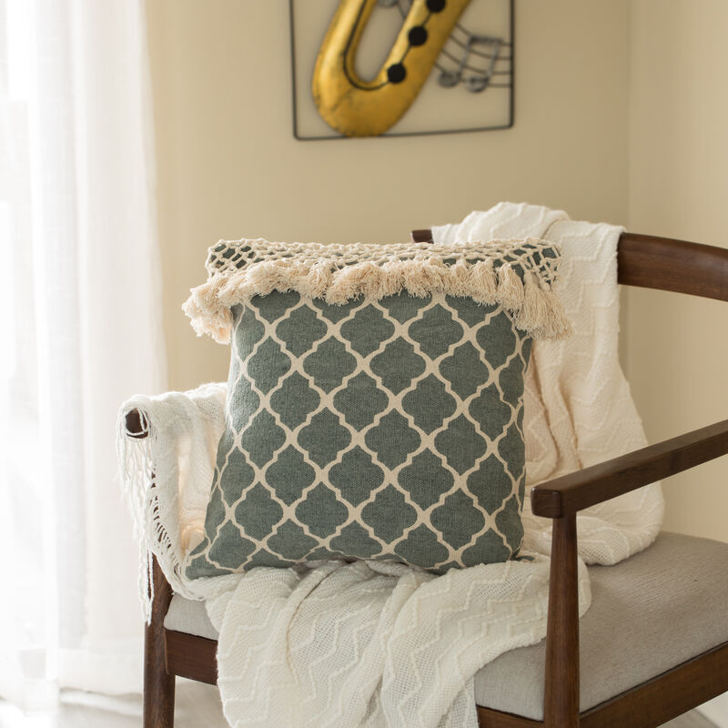 16" Handwoven Cotton Throw Pillow Cover with Ogee Pattern and Tasseled Top with Filler, Charcoal