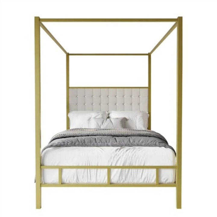 Metal Canopy Bed with Upholstered Button-Tufted Headboard