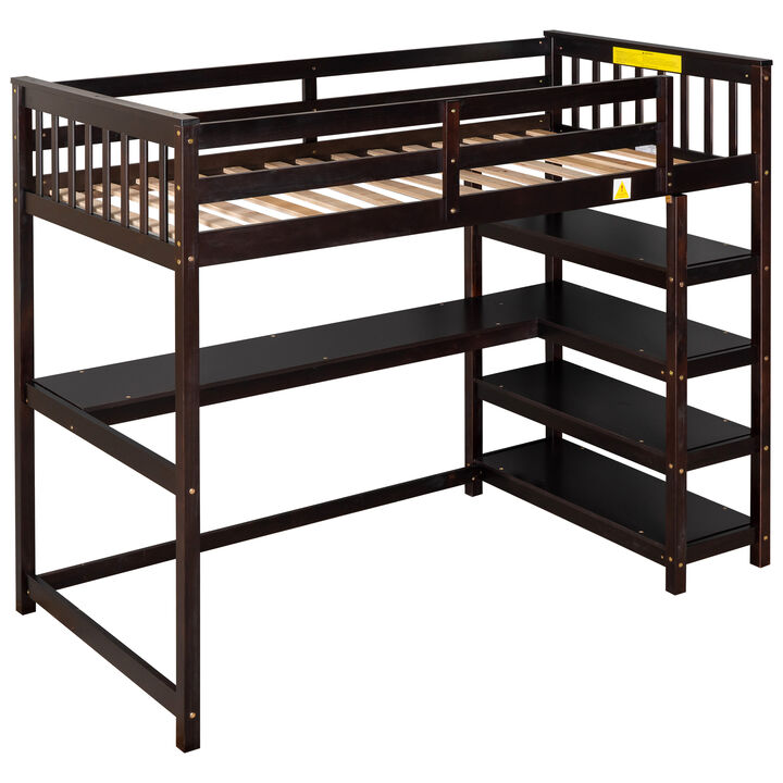 Merax Twin Size Loft Bed with Storage Shelves and Under-bed Desk