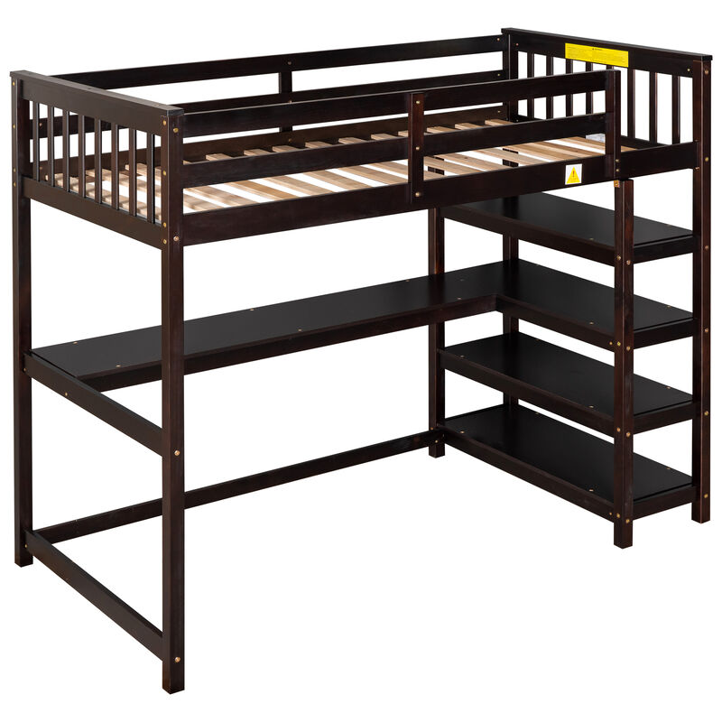 Merax Twin Size Loft Bed with Storage Shelves and Under-bed Desk