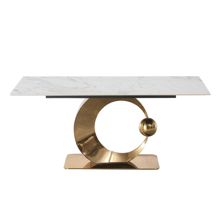 71-Inch Stone Dining Table with Carrara White color and Round special Shaped stainless steel Gold Pedestal Base