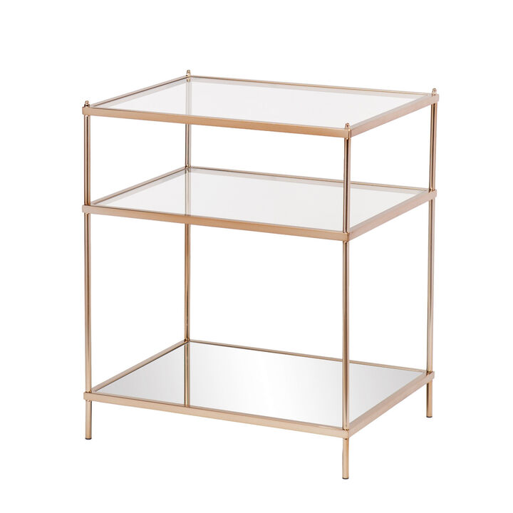 Modern Rectangular End Table with Mirrored Surface, Iron Base, and Storage Shelf