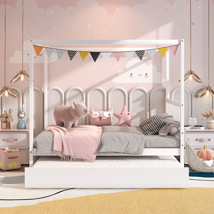Kids Canopy Bed Frame with Trundle and Built-In Headboard for Playful Bedrooms