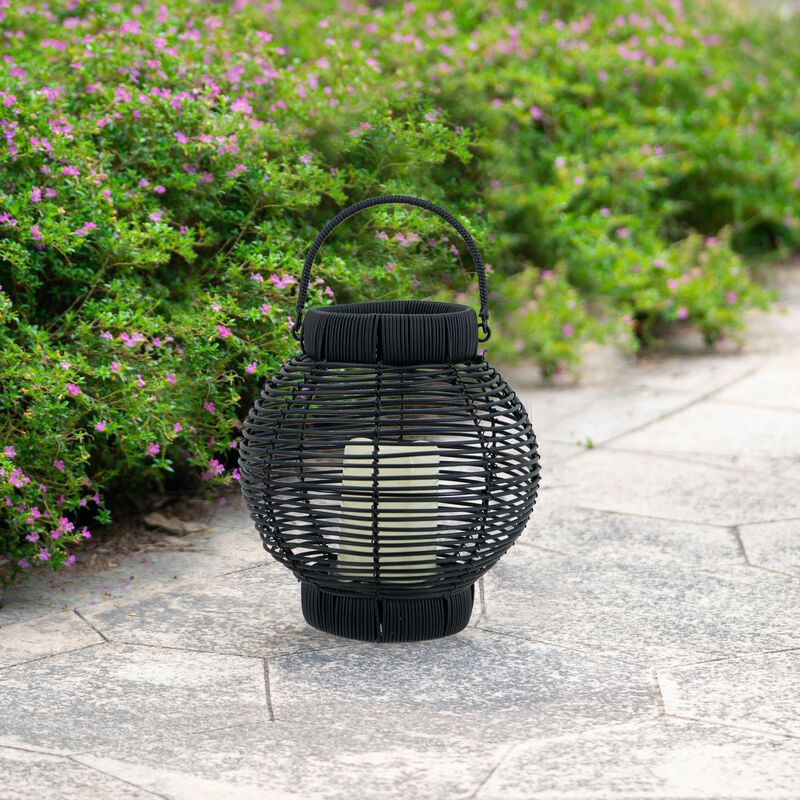 Clihome 8.7x8.7x9.8" Black Poly Rattan Lantern With White LED Candle