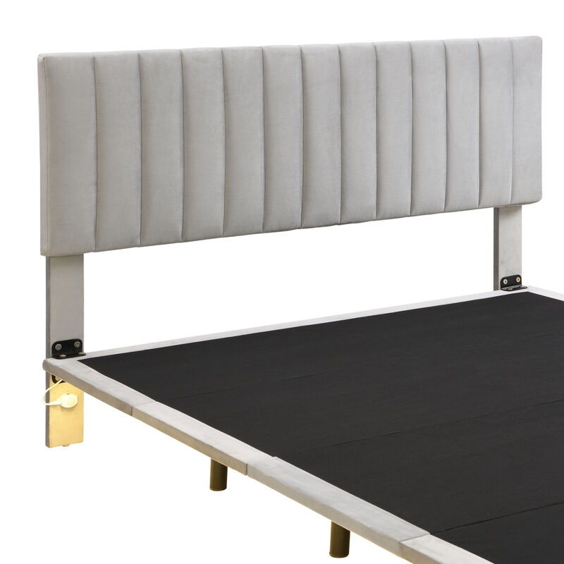 Queen Size Upholstered Bed with Sensor Light and Headboard, Floating Velvet Platform Bed, Gray image number 5
