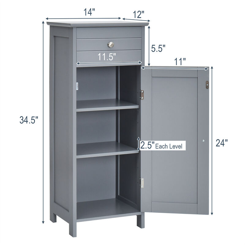 Costway Bathroom Floor Cabinet Storage Organizer Free-Standing w/ Drawer Grey