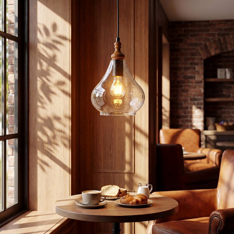Farmhouse Seeded Glass Teardrop Pendant Lights, Wood Accent, Set of Three image number 3