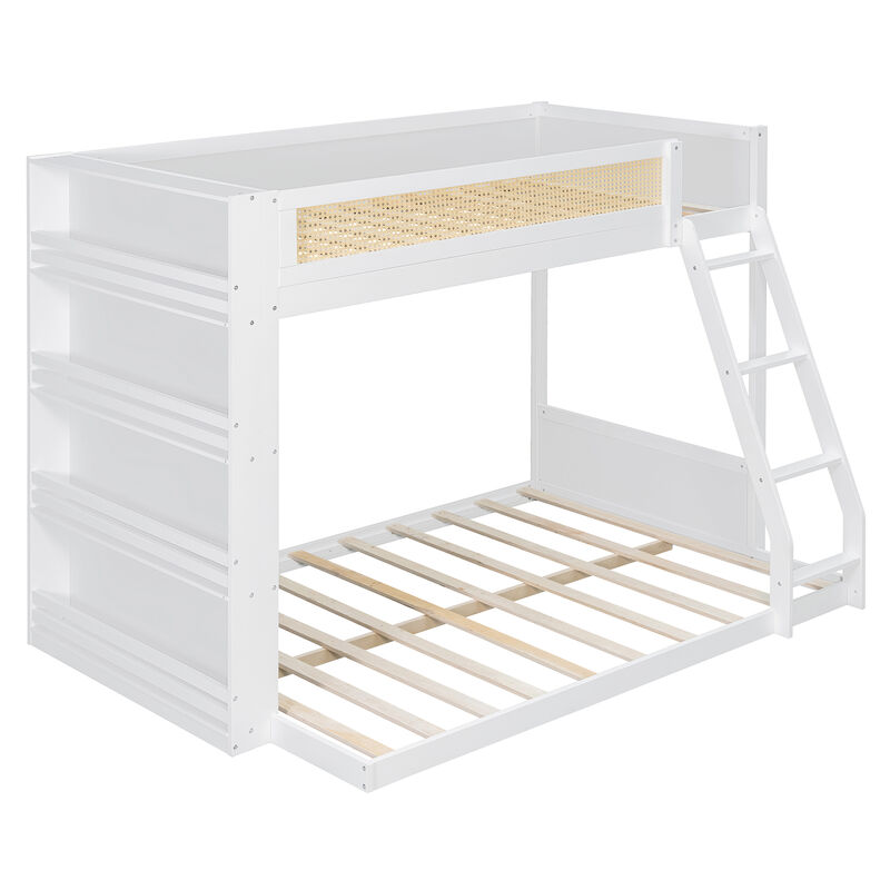 Merax Twin over Full Bunk Bed with Rattan Guardrail, LED Light & 4-Tier Side Bookshelf image number 0