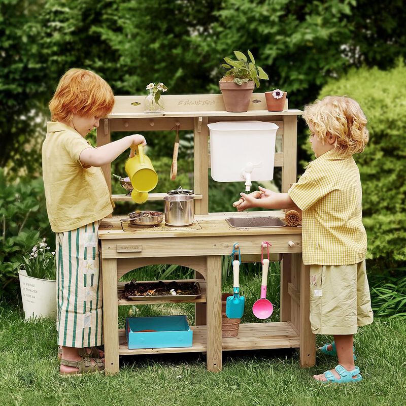 Outdoor Mud Kitchen - Wooden Water Play Kitchen, 12mm Thick Weather-Resistant Wood, 4L Water Tank & Sink, Modular Stove/Sensory Table, Large Storage image number 9