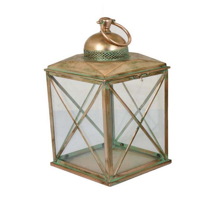 20 Inch Decorative Lantern Set of 2, Glass Panel, Cross Metal Frame, Gold - Benzara