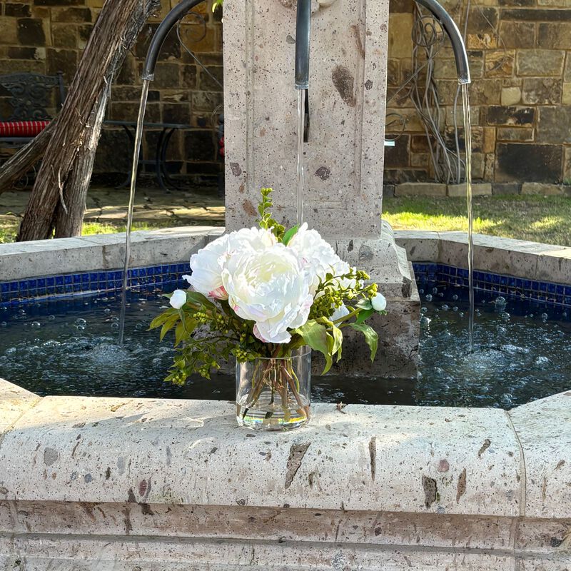 Faux peony arrangement in glass vase - 10"