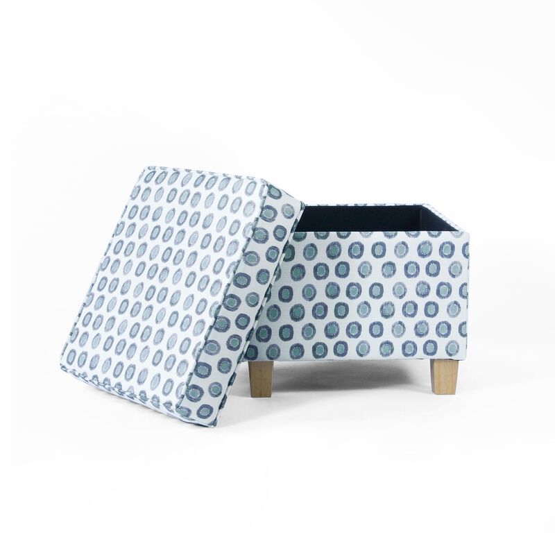 Pyp Square Storage Ottoman, 18 Inch Blue Green Pattern Print, Brown