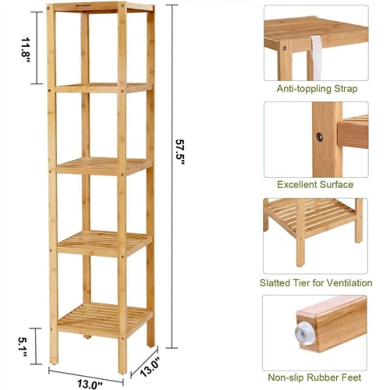 Slim 4-Shelf Wicker Wooden Shelving Unit Storage Rack Bookcase image number 4