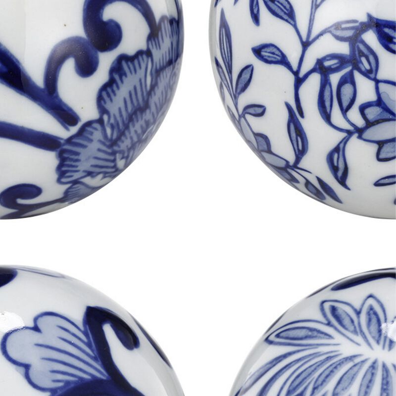 4 Inch Decorative Ball Set of 6 Orbs, Blue And White Printed Porcelain - Benzara