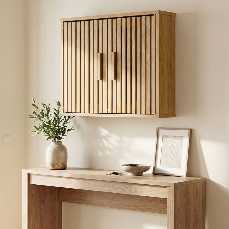 Wall Mounted Bathroom Cabinet with 2 Slatted Doors and Adjustable Shelves-Natural image number 5