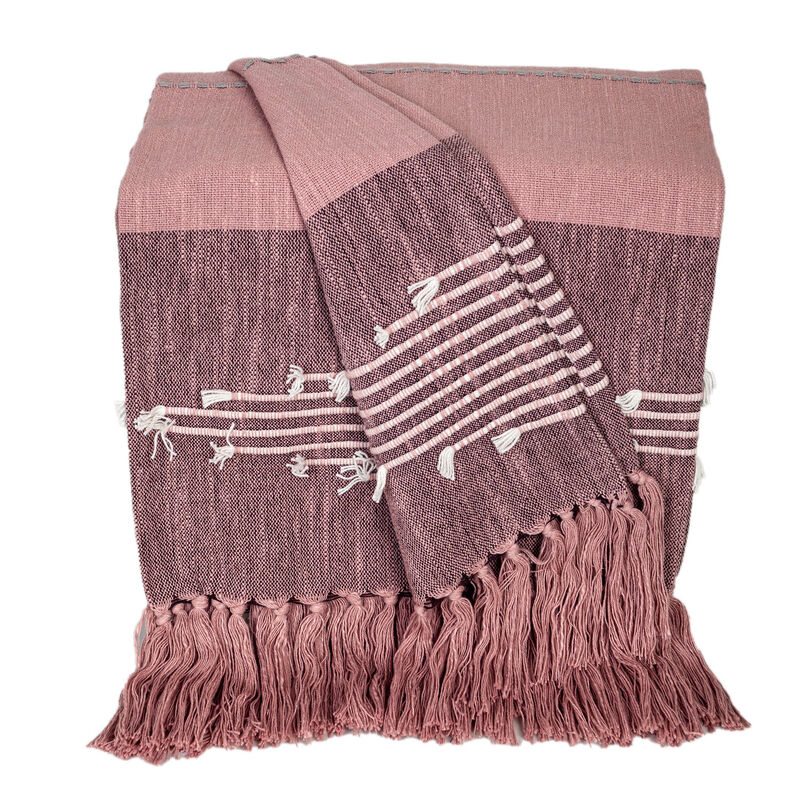 HomeRoots 50" X 60" Pink Woven Cotton Striped Throw Blanket with Tassels and Embroidery image number 0