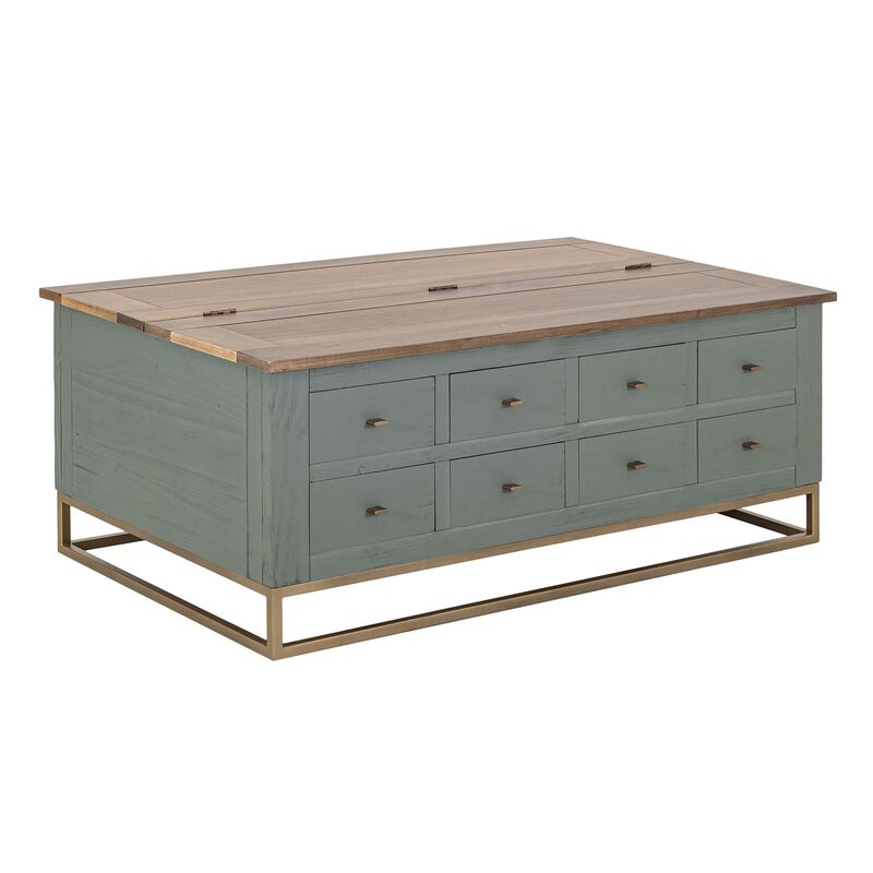 Timmy Cocktail Coffee Table, 8 Drawers, Sage Green Pine, 50 Inch