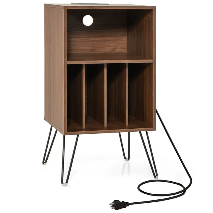 Record Player Stand with Charging Station for Living Room or Bedroom Storage and Decor