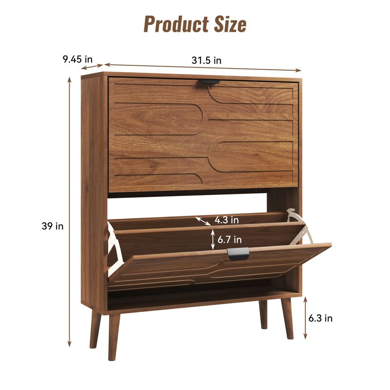 Clihome Medieval Modern Independent Shoe Cabinet, 31.5-inch Walnut Shoe Storage Cabinet,, Fence Shoe Cabinet With 2 Flip Drawers, Suitable For Corridors And Entrances image number 7