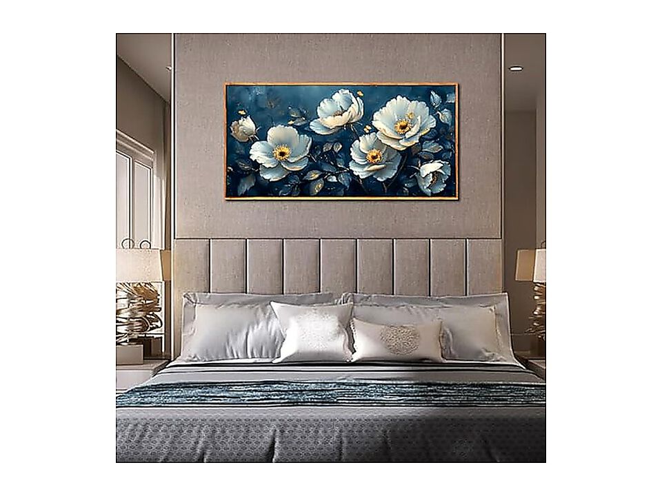 White Floral Canvas Wall Art Bedroom Large Blue Decor Plant 24 X 48 Inch